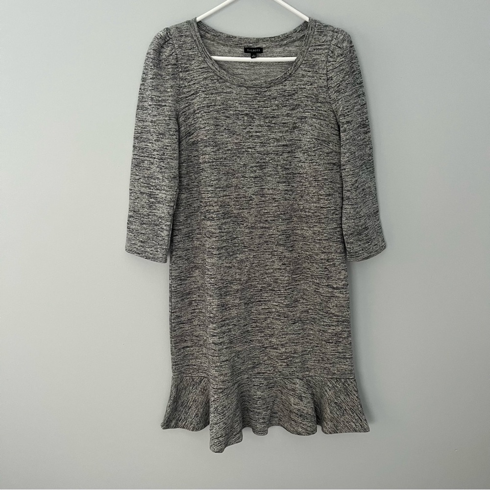 Talbots Dress Womens Small Gray Terry Flounce Ruffle Hem Knit Shift Casual